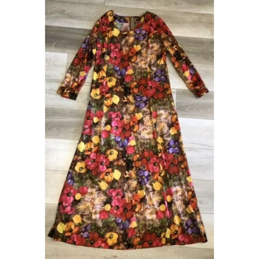 Vintage Handmade 1970s Bohemian Floral Print Long Sleeve Maxi Dress Hippie L - Picture 3 of 9